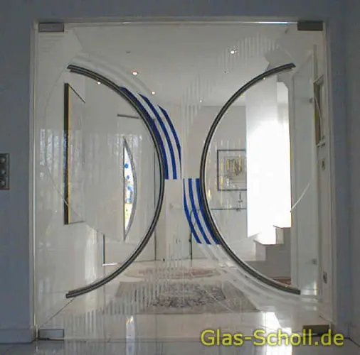 Zweiflüglige Design-Pendeltür-Anlage mit Farbsiebdruck von Glas Scholl