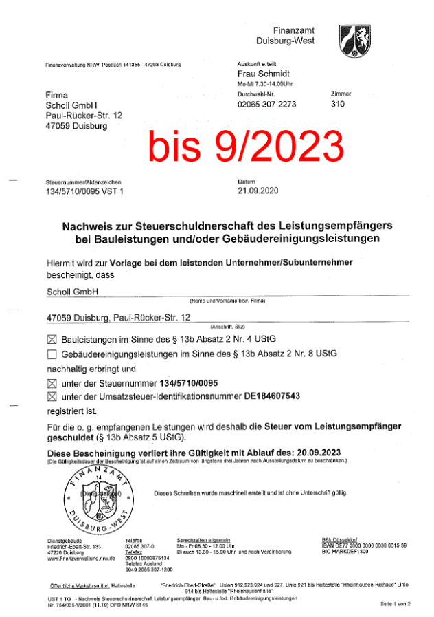 Freistellungsbescheinigung von Glas Scholl (Scholl GmbH)