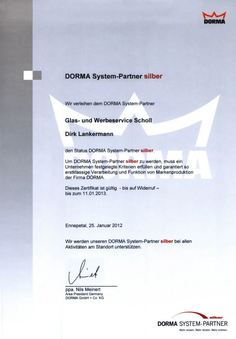 Dorma System-Partner silbern Partnerschafts-Zertifikat