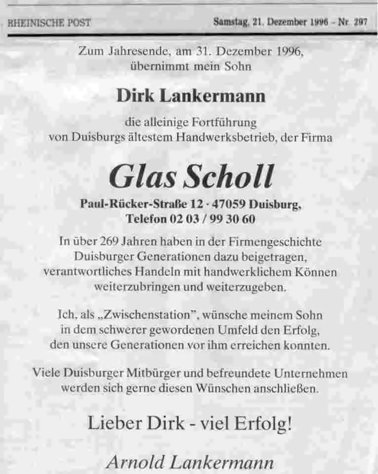 Firmenübergabe Glas Scholl an Dirk Lankermann zum 1.1.1997