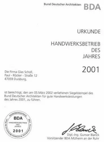 Glaserpreis BDA 2001 für Glas Scholl